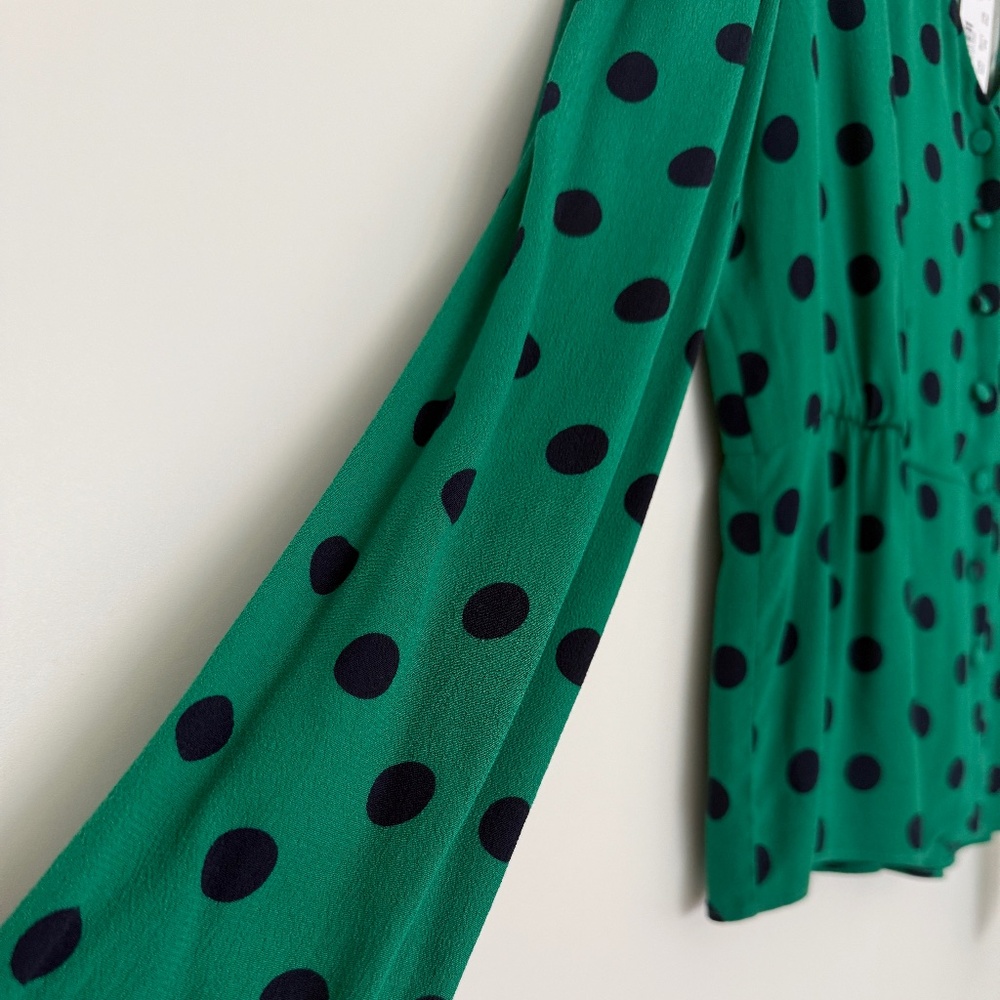 J.Crew Green V-neck Blouse W/ Polka Dots - Size 6 - NWT